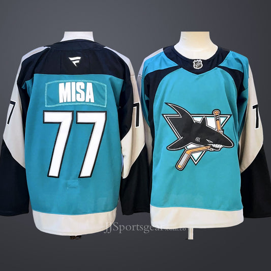 Men’s San Jose Sharks #77 Michael Misa Teal 2025 Alternate Stitched Hockey Jersey