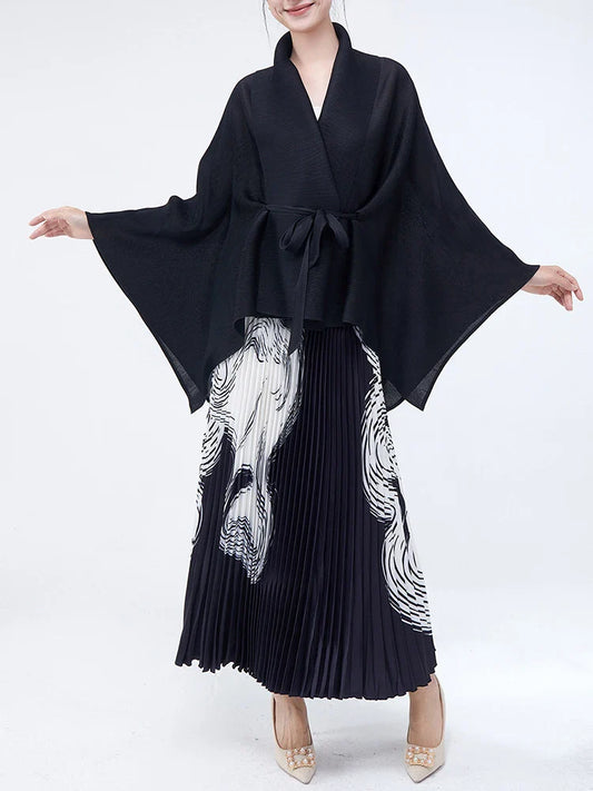 Luxe Black Wrap Top & Pleated Skirt Set