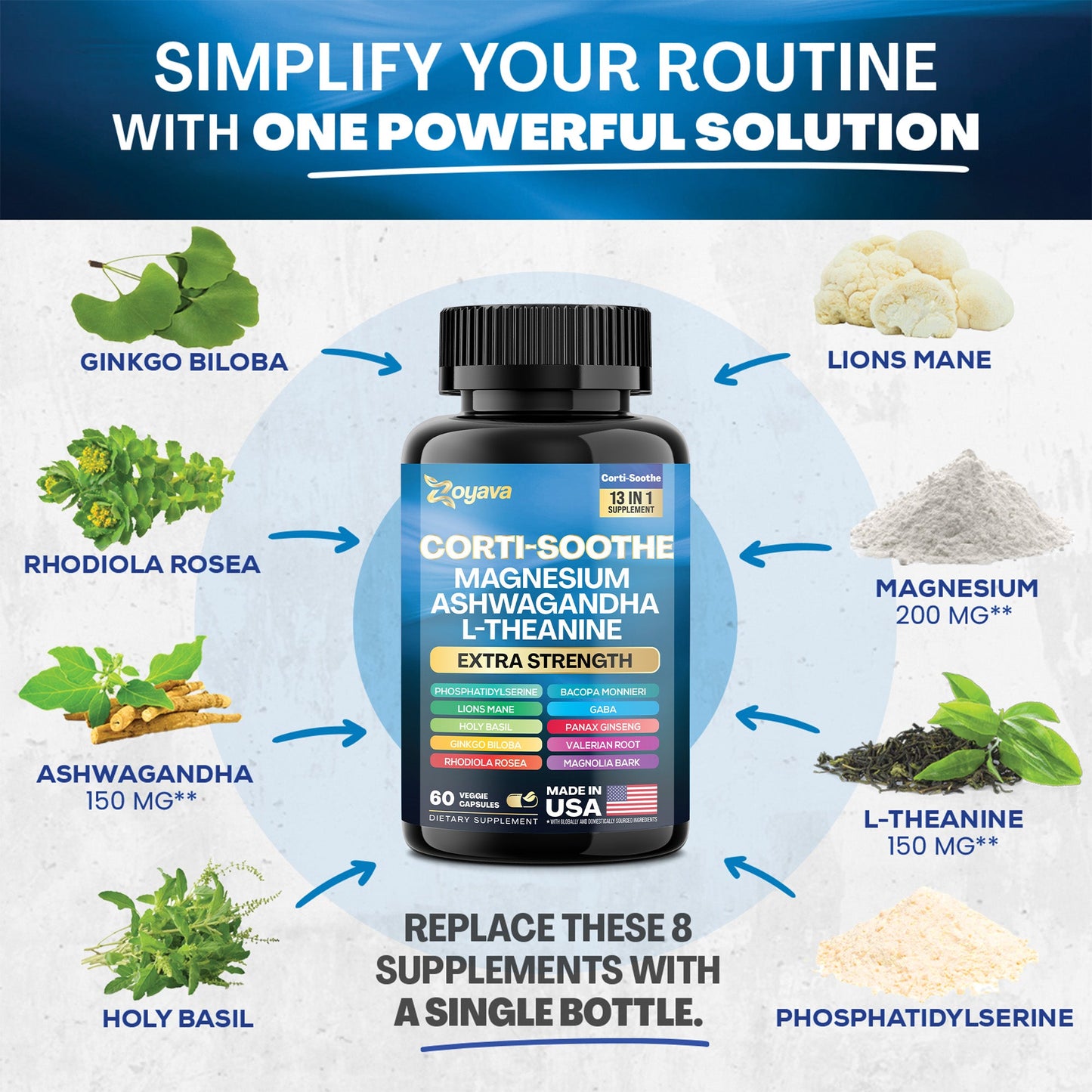 Zoyava™ Ultimate Corti-Soothe Balance: Stress Relief, Calm, and Cognitive Boost - 60 Caps