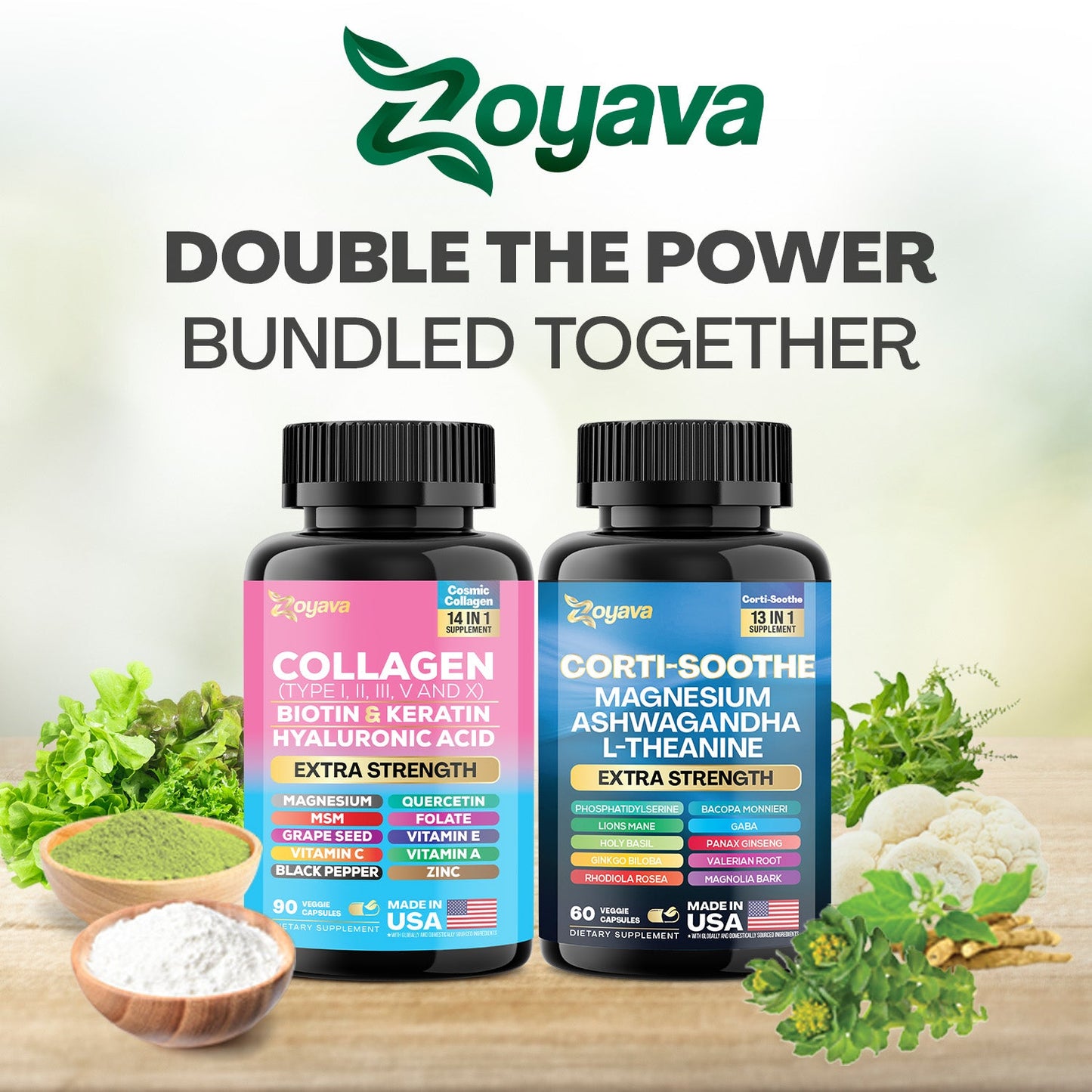 Zoyava™ Shining Serenity Set - Corti-Soothe & Cosmic Collagen Bundle: Wellness & Beauty Supplements