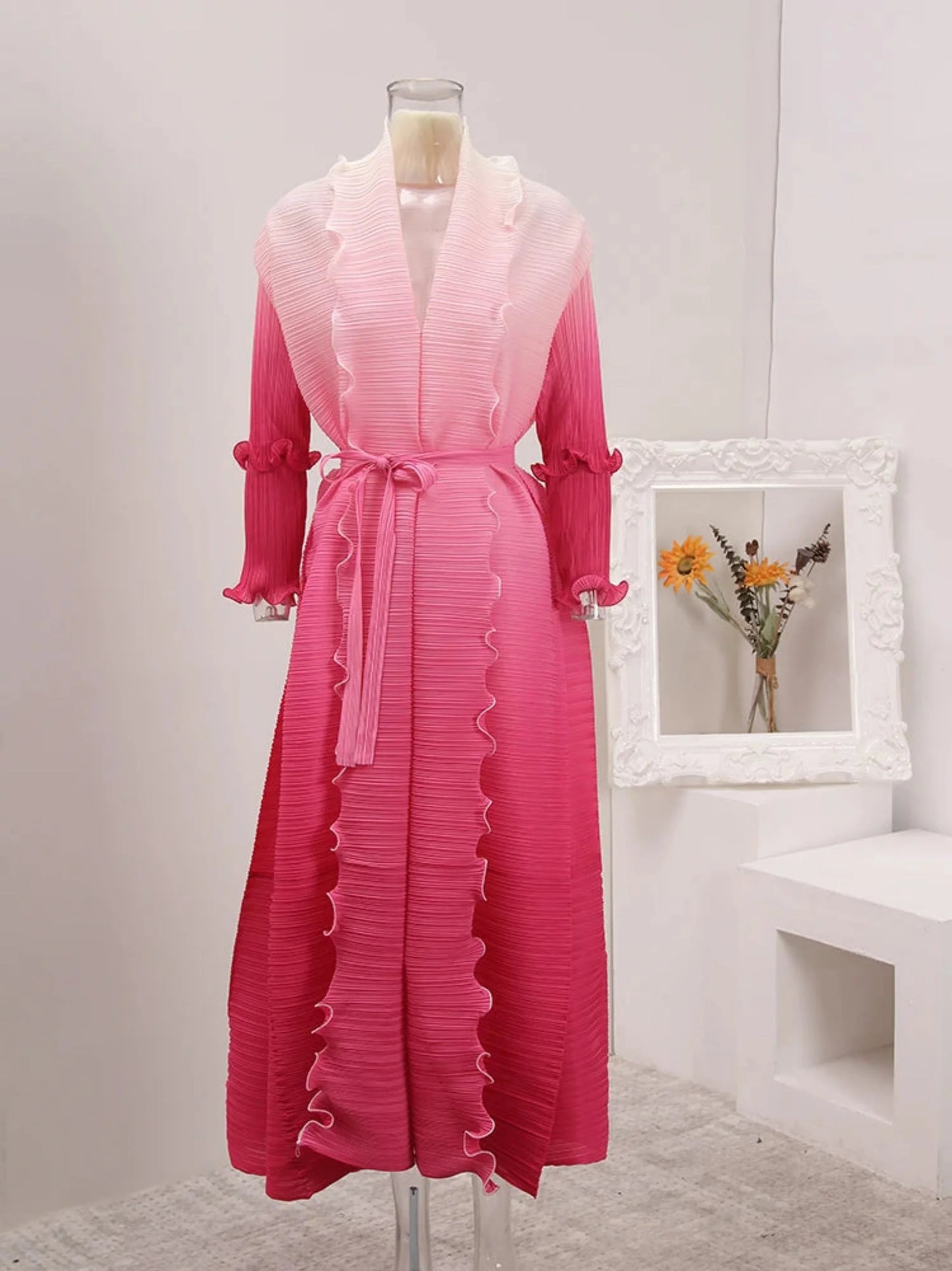 Plissé Pleated Duster Coat with Ruffled Detailing