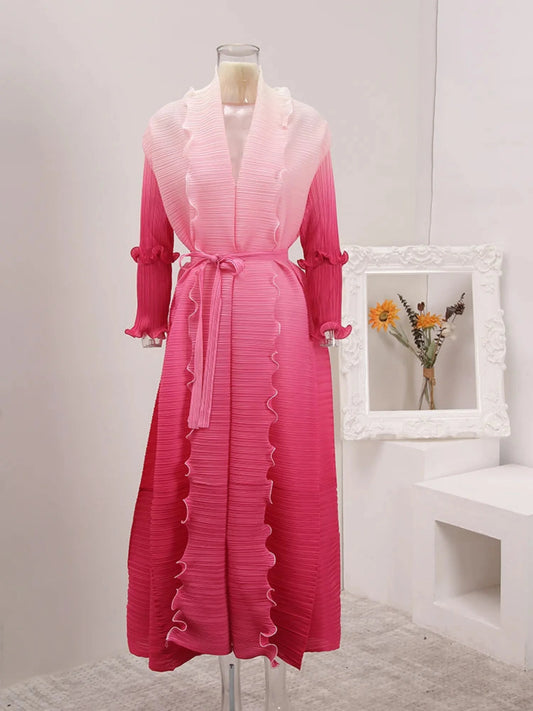 Plissé Pleated Duster Coat with Ruffled Detailing