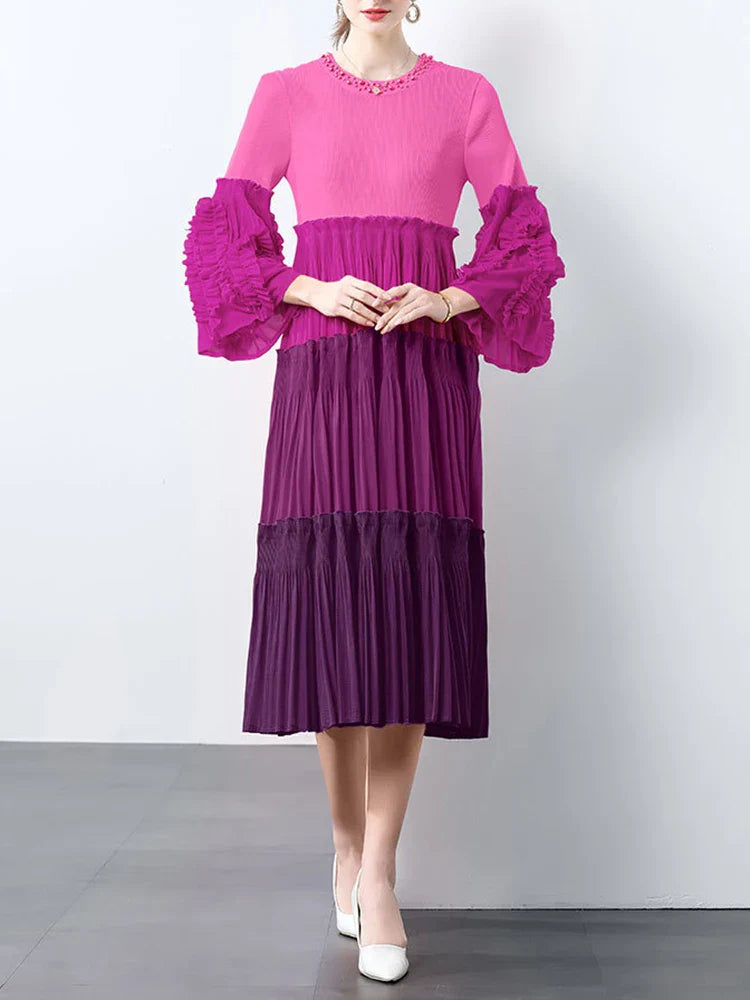 Ombre Pleated Dress - Ruffle Sleeve