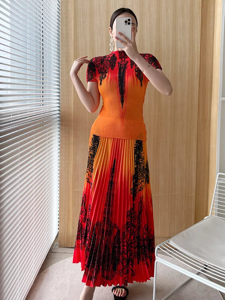 Orange & Red Ombre Pleated Midi Skirt Set