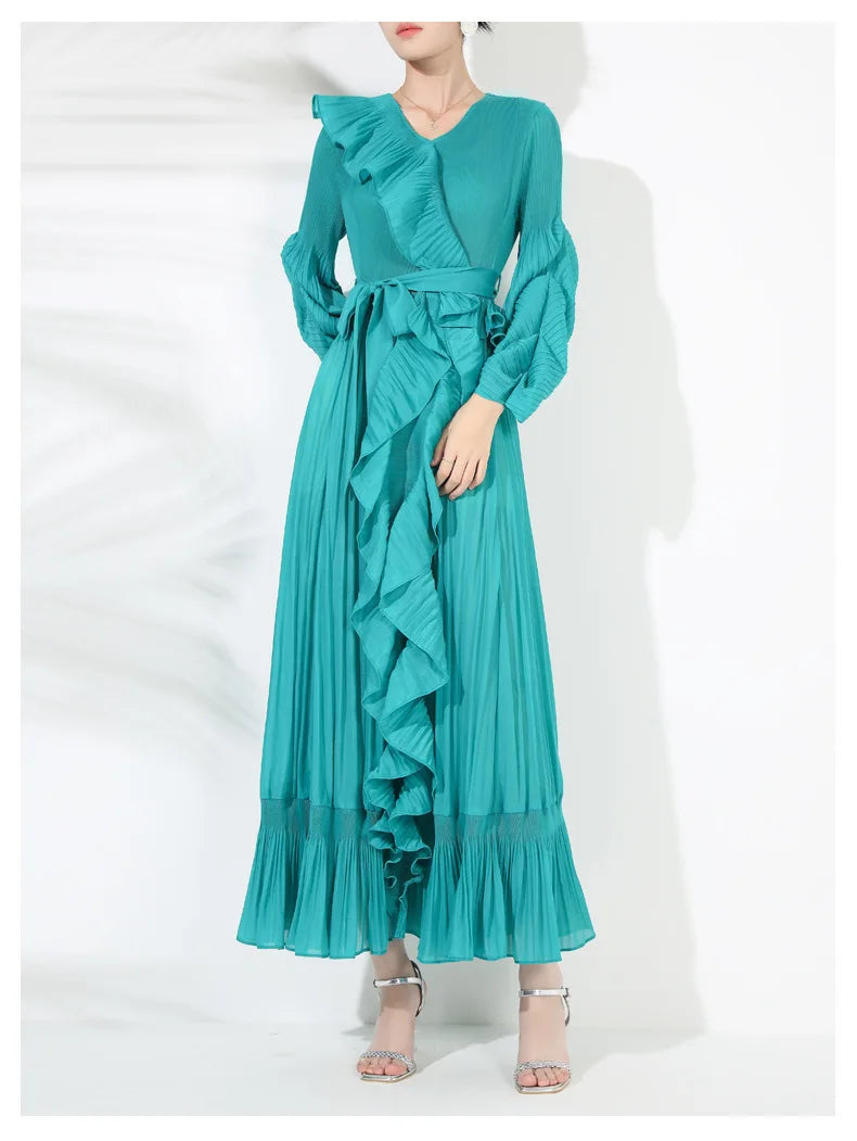 Pleated Plissé Ruffle Trim Maxi Dress