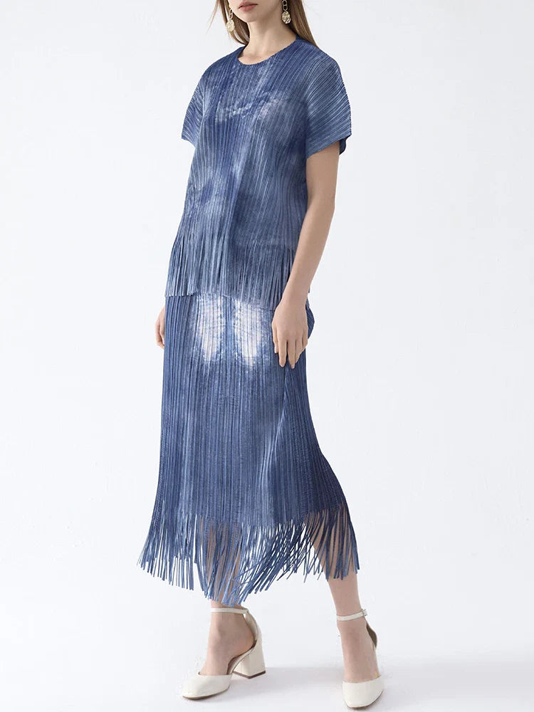 Luxury Pleated Fringe Pull-On Skirt & Top