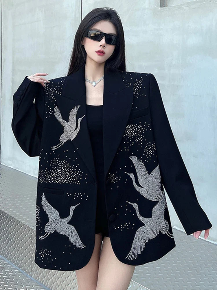 Oversized Blazer with Crane Rhinestones