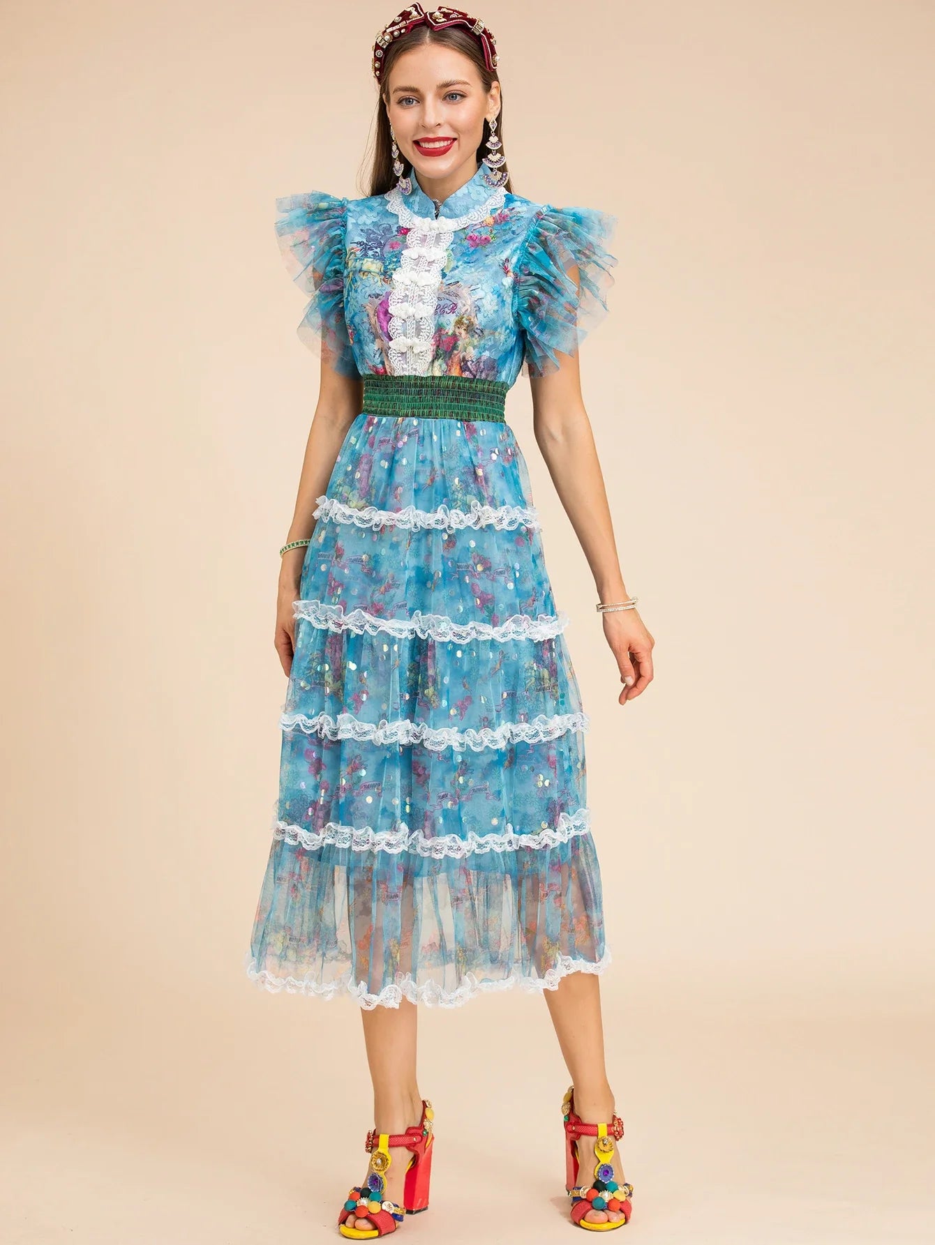 Blue Floral Midi Dress Ruffle Cap Sleeves