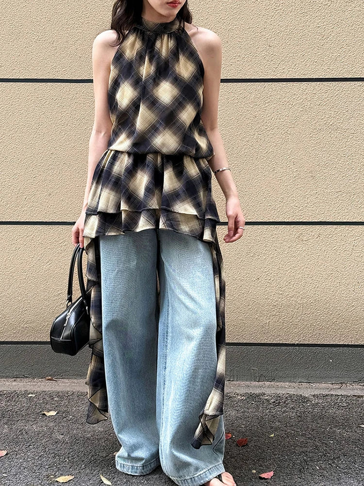 Plaid Asymmetric Halter High-Low Top