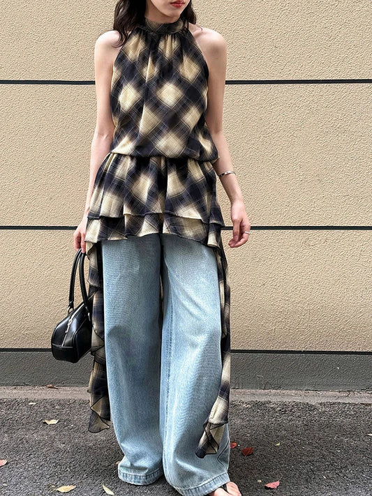Plaid Asymmetric Halter High-Low Top