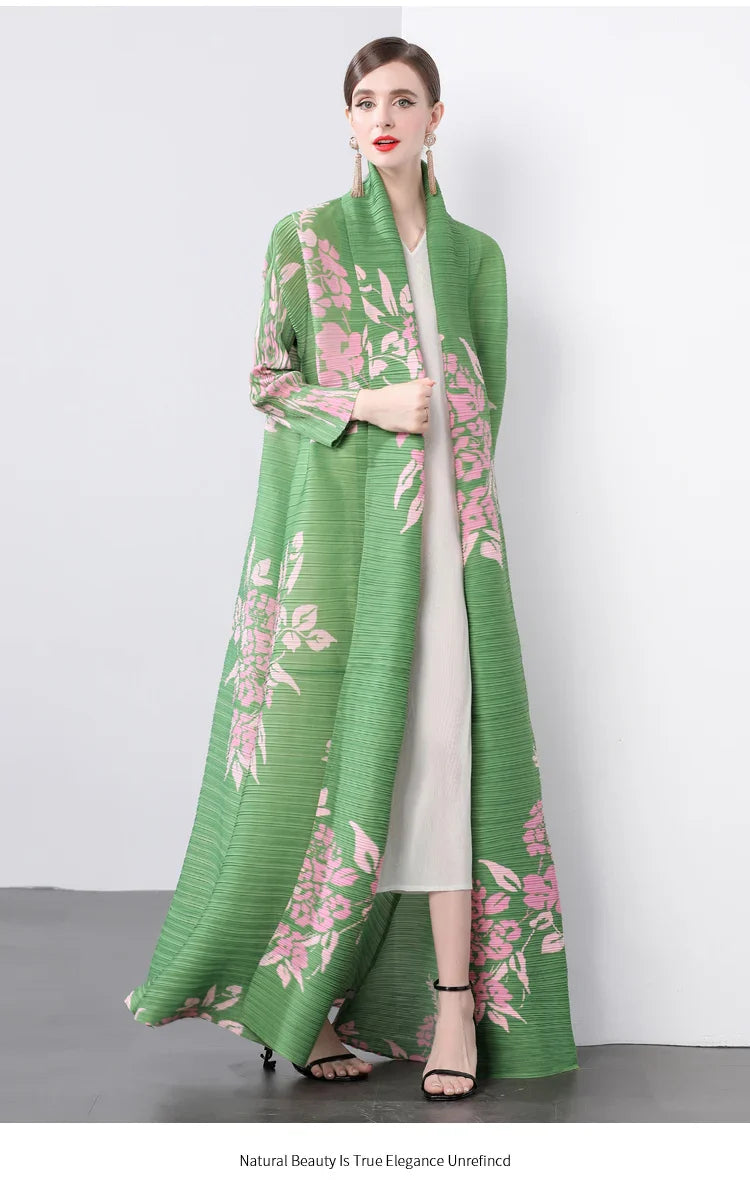 Women's Classy Floral & Leaf Long Pleated Coat