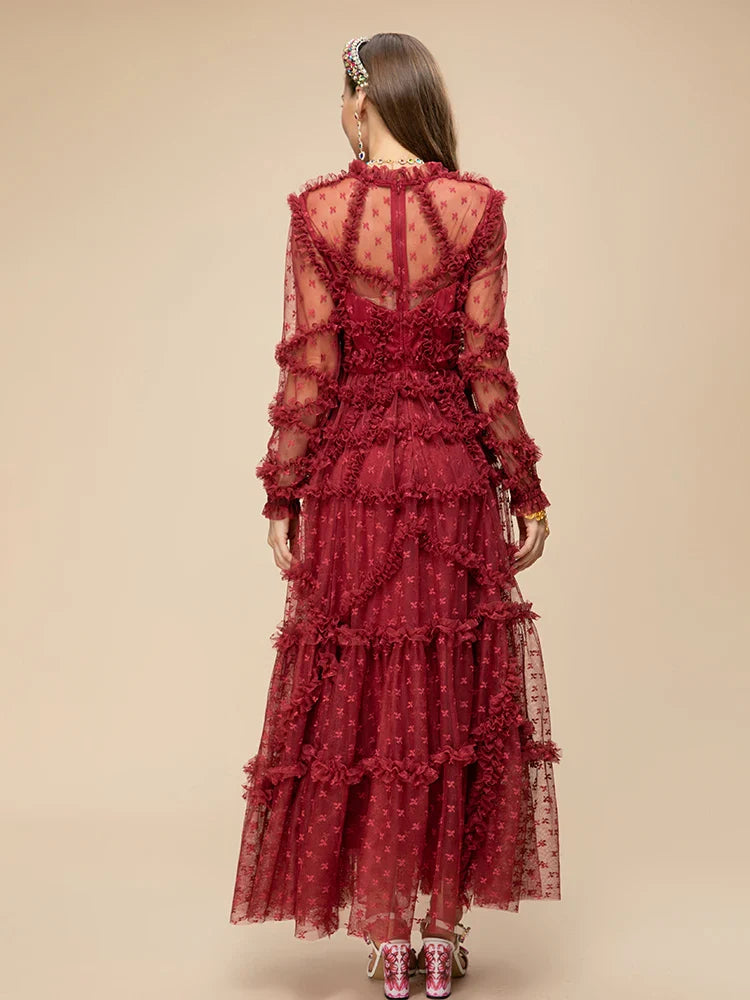 Wine Red Ruffle Mesh Midi Dress