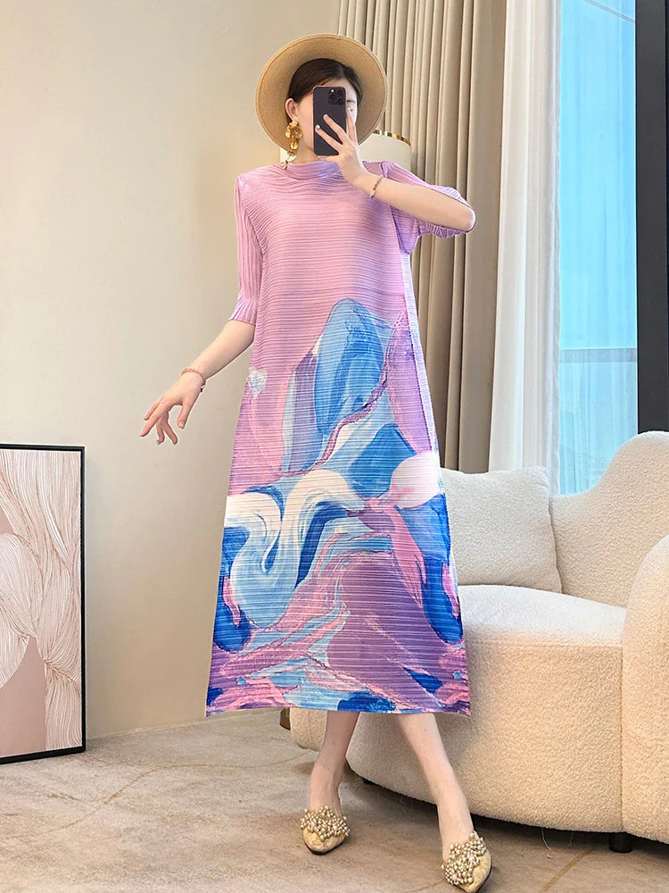 Japanese Floral Pleated Midi Dress