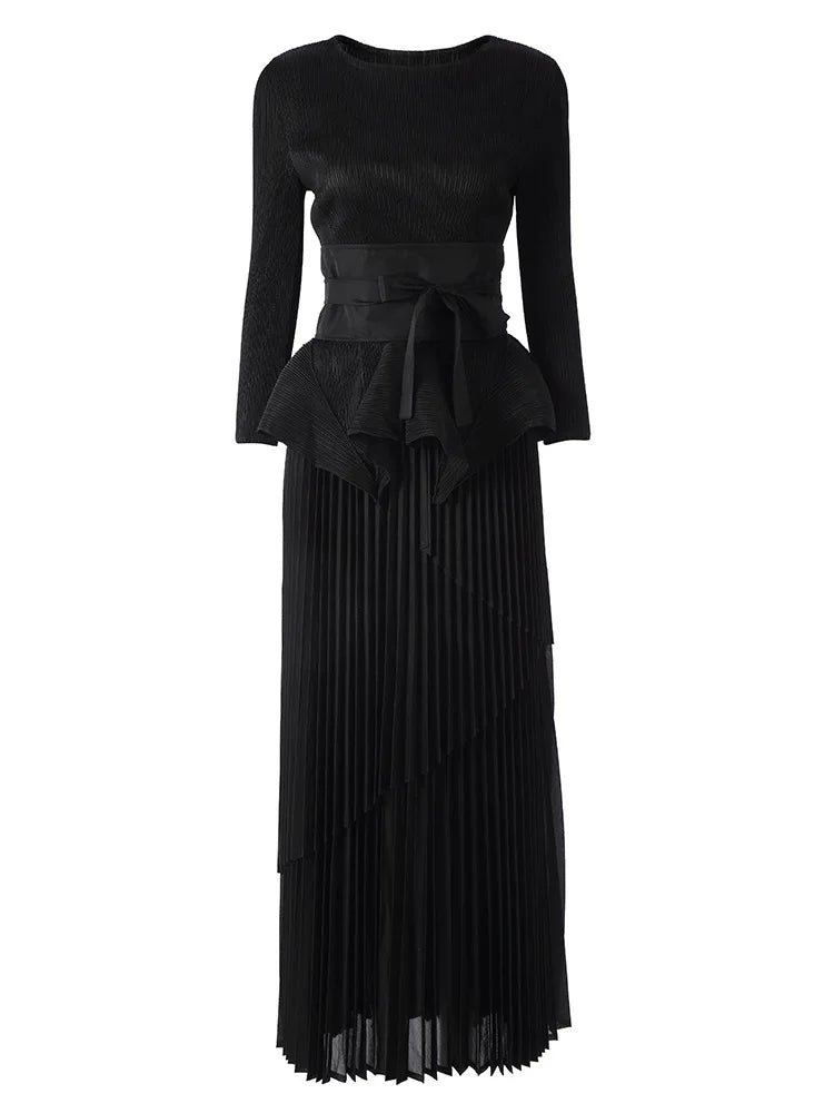 Maxi Skirt Set with Pleated Long Sleeve Top