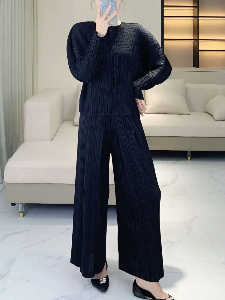 Luxury Pleated Pants & Button-Down Top Set