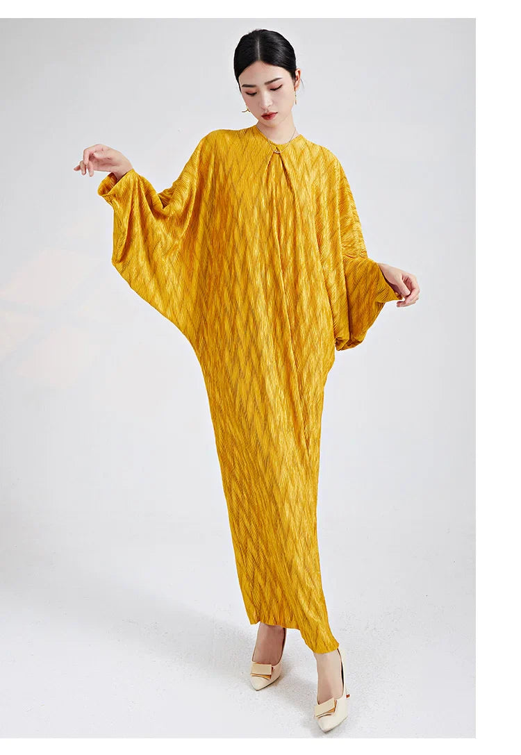 Genuine Pleated Batwing Sleeve Midi Dress