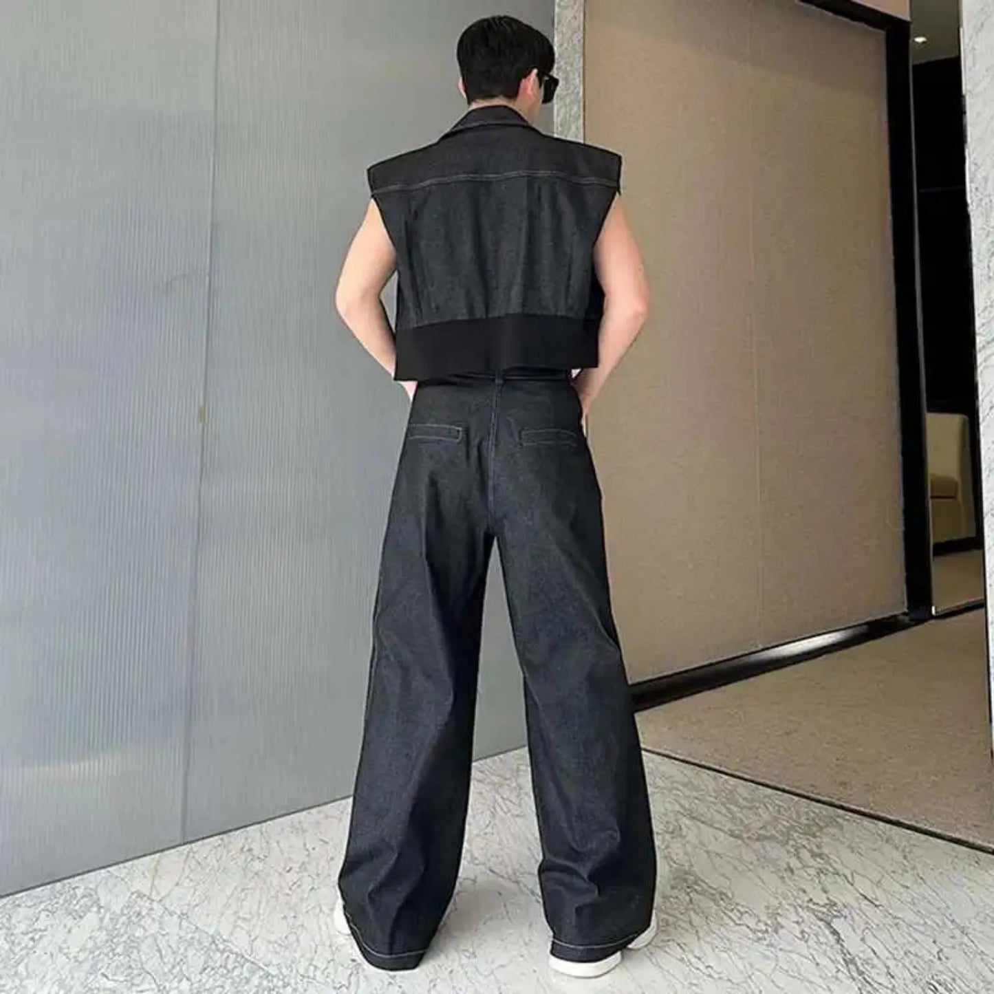 Men's Éclat Dark Denim Crop Vest & Baggy Jeans Set