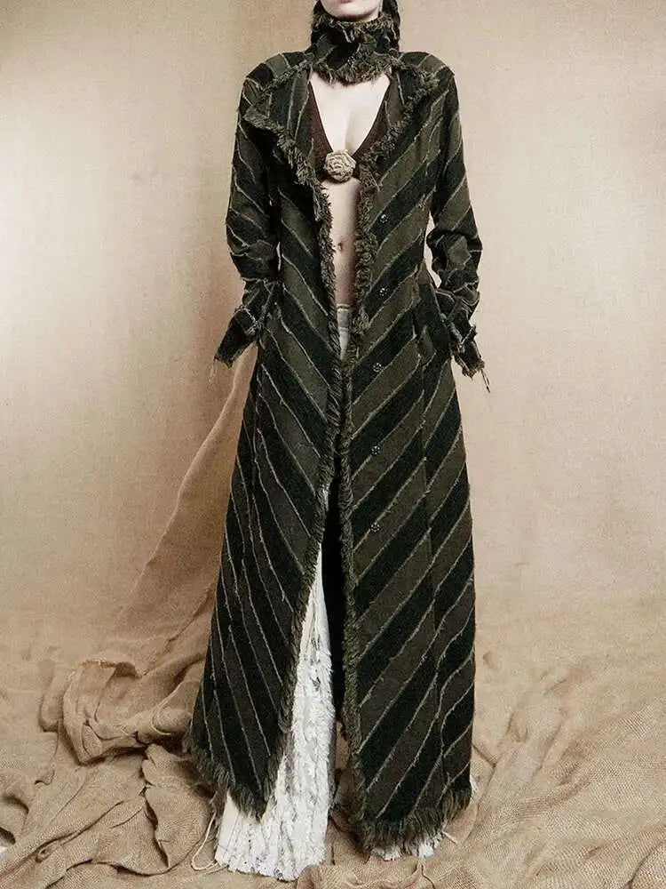 Striped Rustic Denim Trench Coat