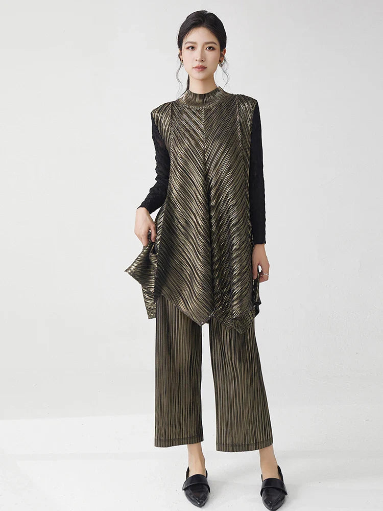 Metallic Pleated Tunic Top & Wide Leg Pants Set