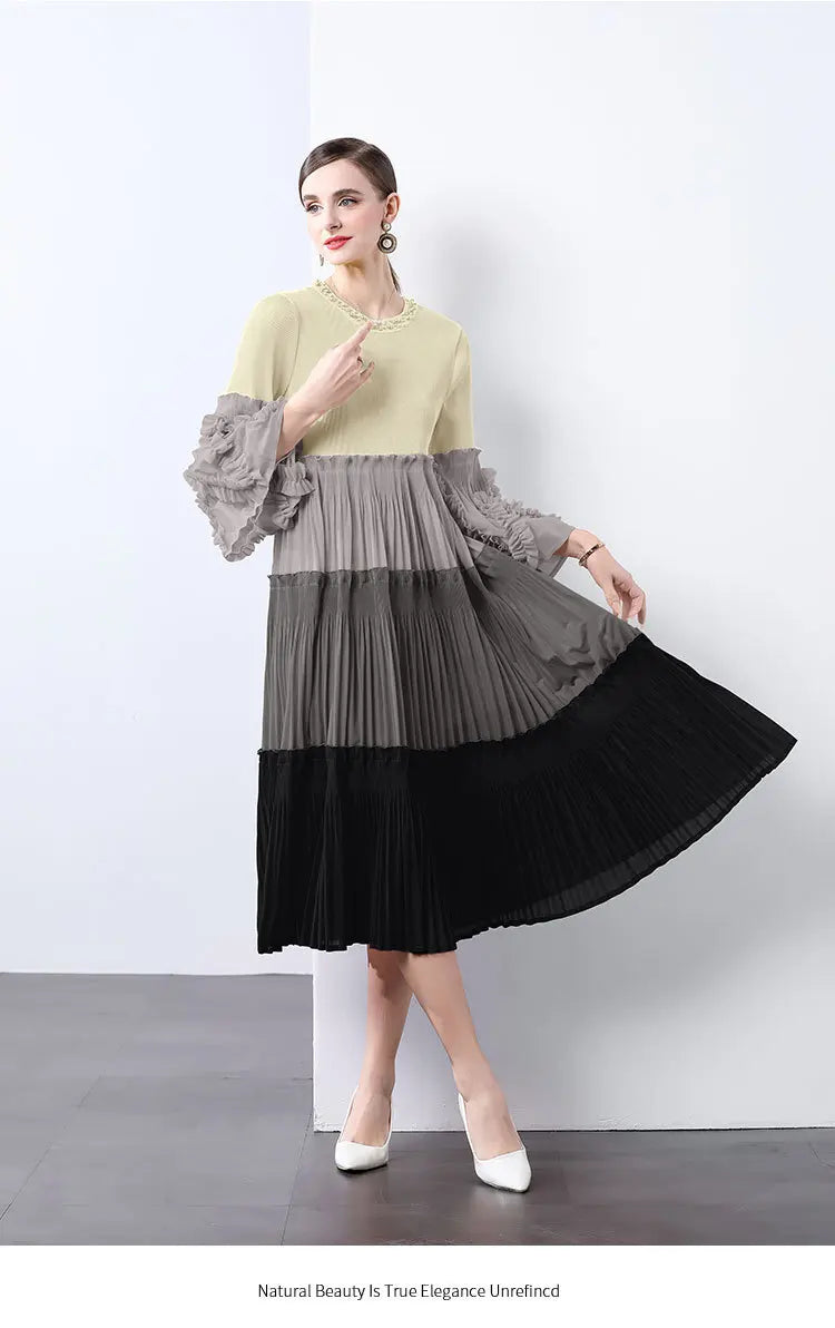 Ombre Pleated Dress - Ruffle Sleeve