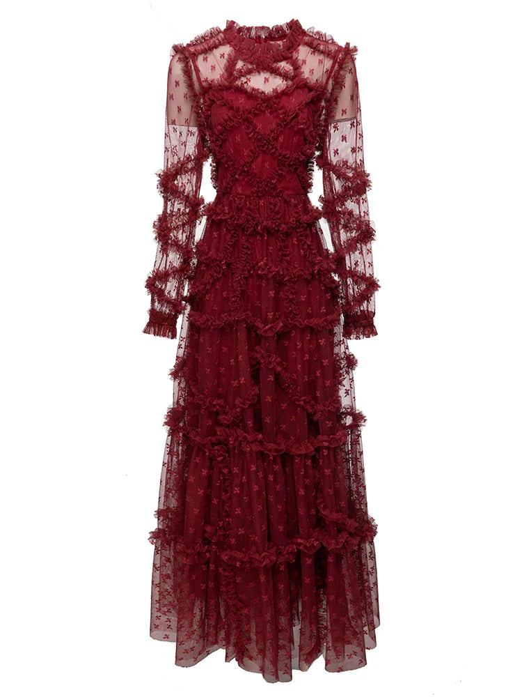 Wine Red Ruffle Mesh Midi Dress