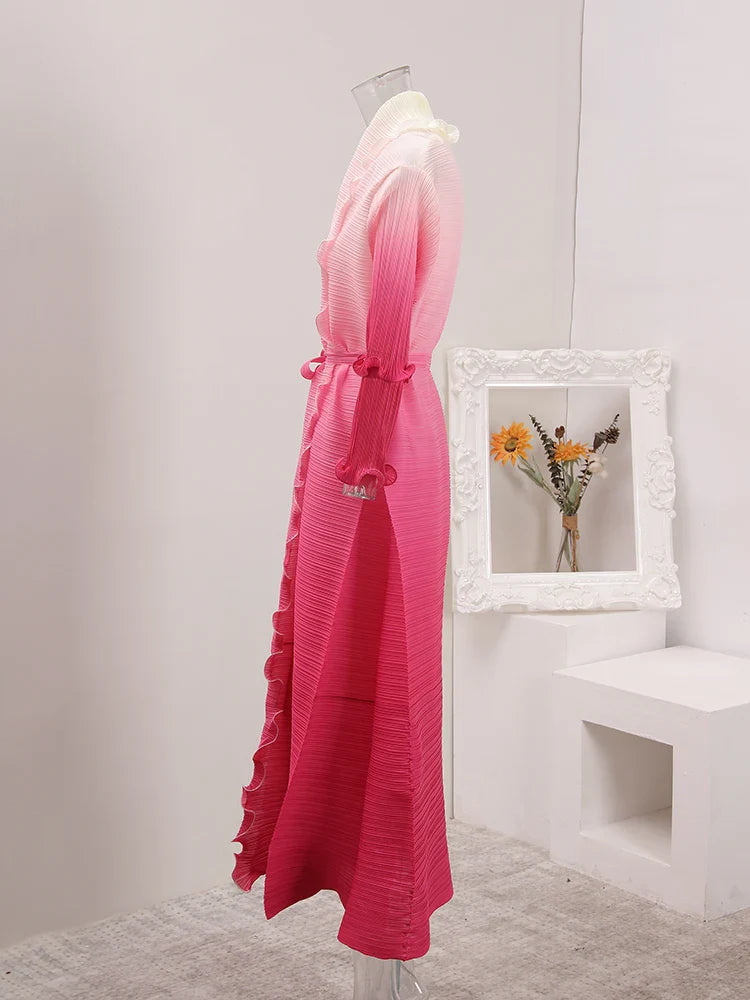 Plissé Pleated Duster Coat with Ruffled Detailing