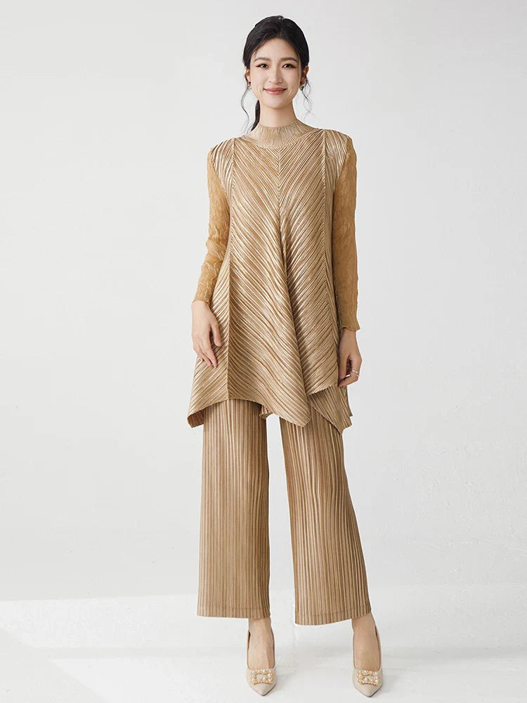Metallic Pleated Tunic Top & Wide Leg Pants Set