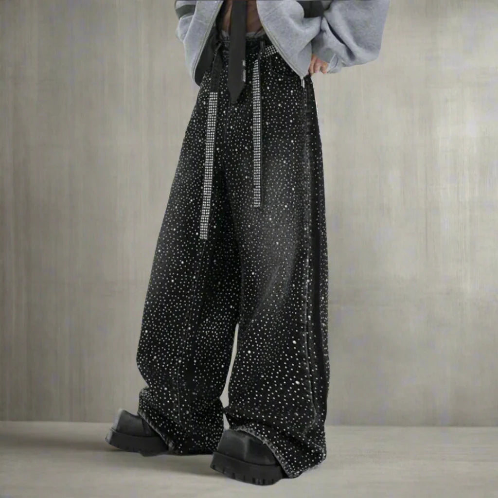 Men's Japanese Streetwear Rhinestone Baggy Jeans