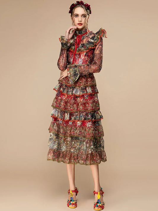 Tiered Ruffle Midi Dress Long Sleeve | Designer Style
