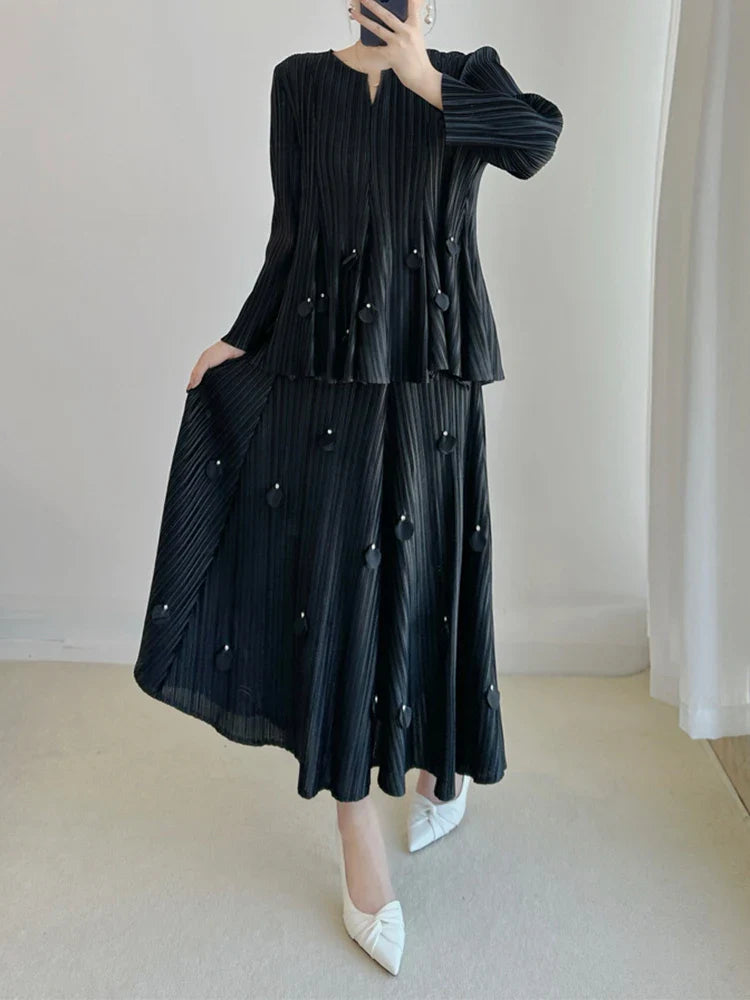 Genuine Pleated Top & Midi Skirt Set