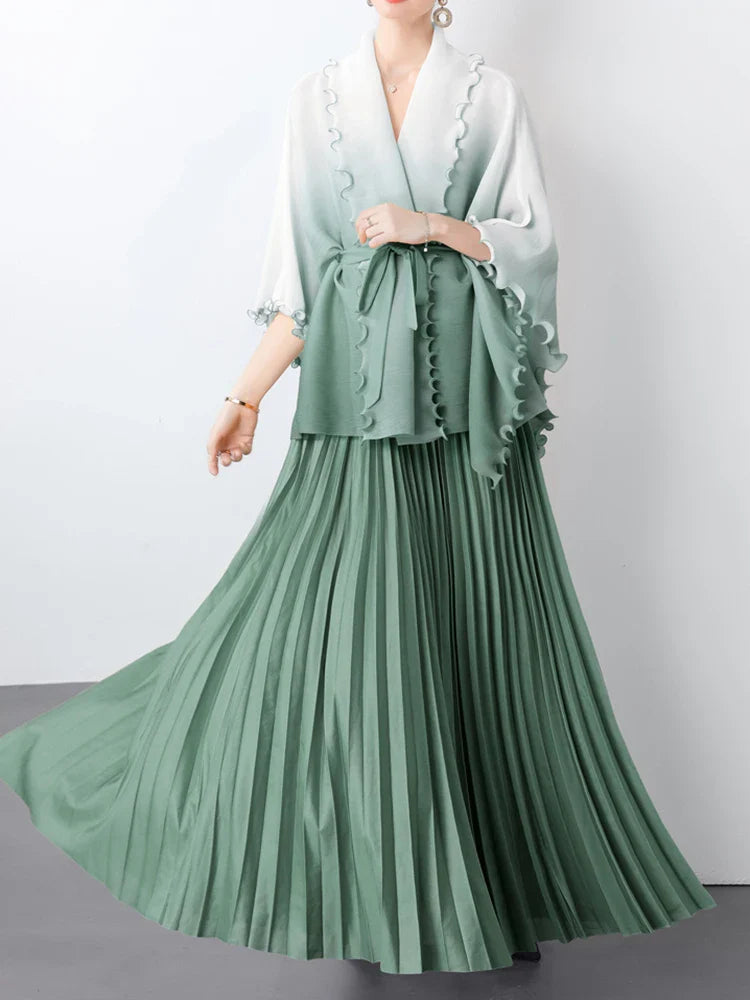 Plissé Pleated Long Skirt With Capelet Top