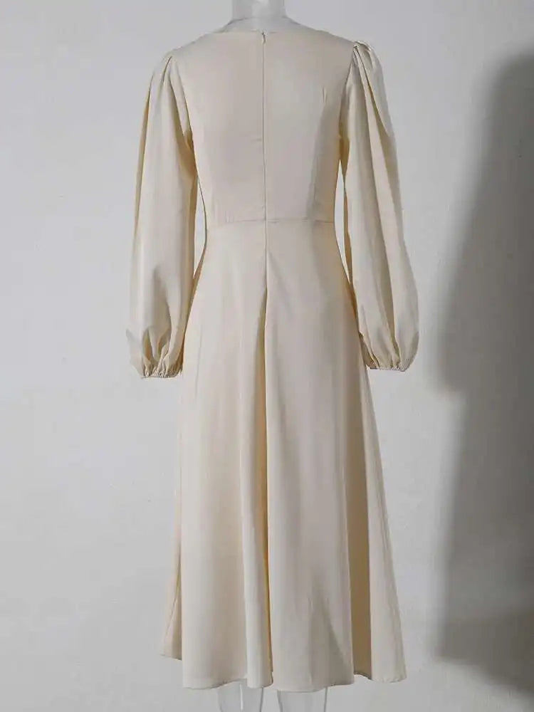 Cream Satin Midi Dress with Pearls