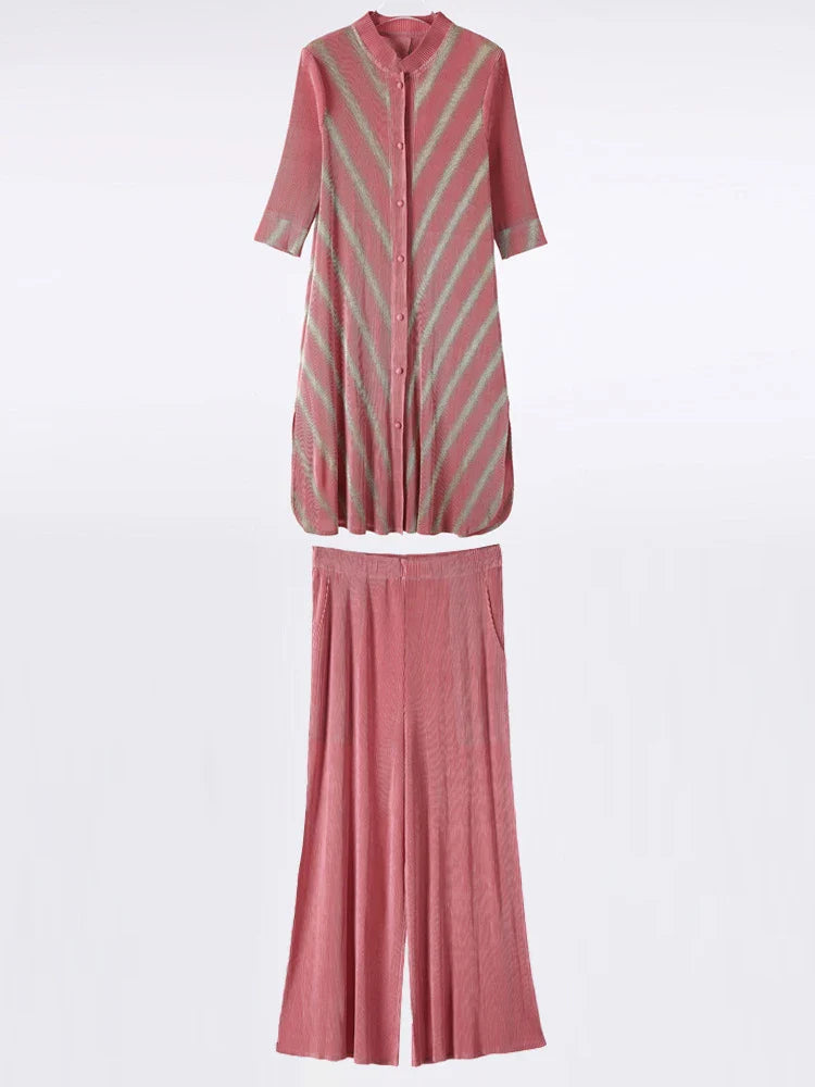Petite Plissé Pleated 3/4 Sleeve 2-Piece Pant Set