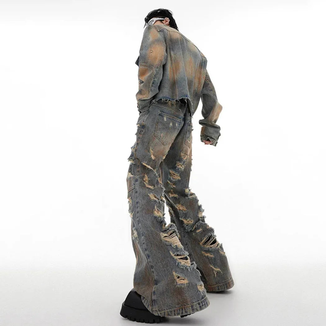 Men's Luxury Denim 2-Piece Set: Distressed Wide Leg