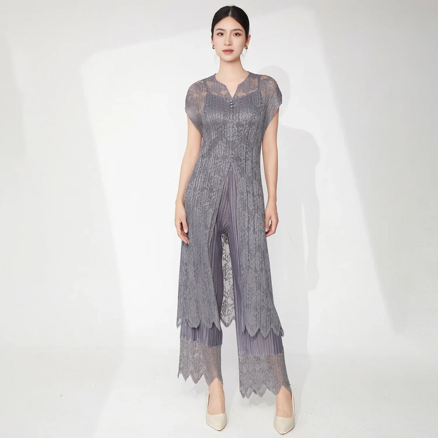 2-Piece Lace Pleated Palazzo Pants Outfit