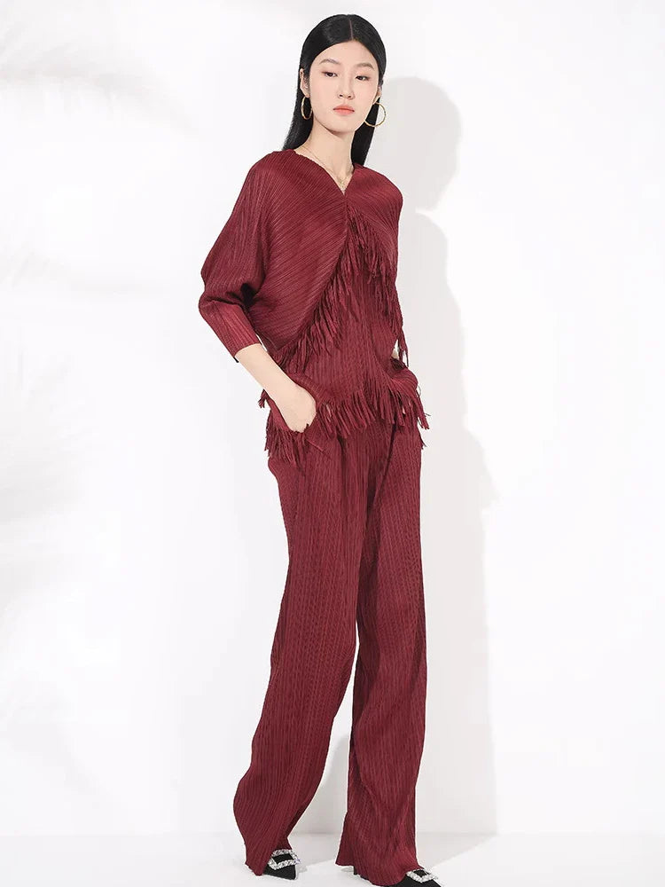 Fringed Pleated Wide-Leg Pant Set