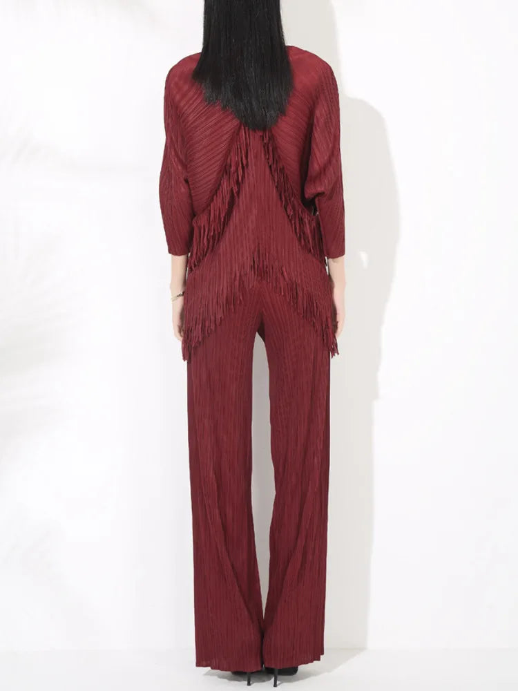 Fringed Pleated Wide-Leg Pant Set