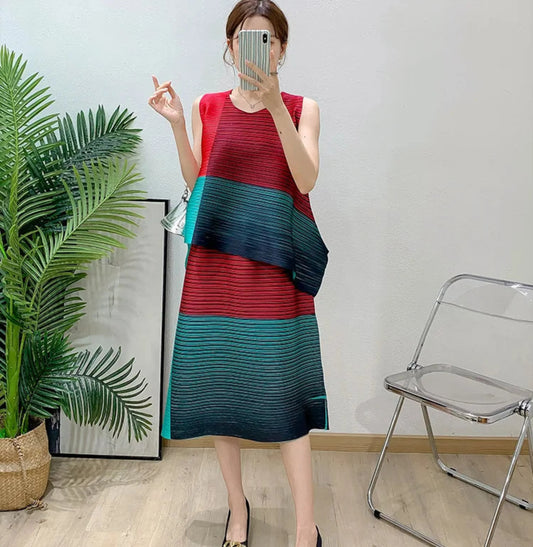 Asymmetric Pleated Sleeveless Top & Skirt
