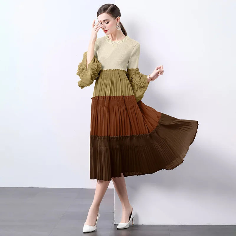 Ombre Pleated Dress - Ruffle Sleeve