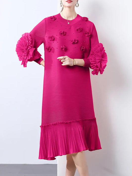 Cocktail Party Dress - Pleated Midi, Statement Sleeves