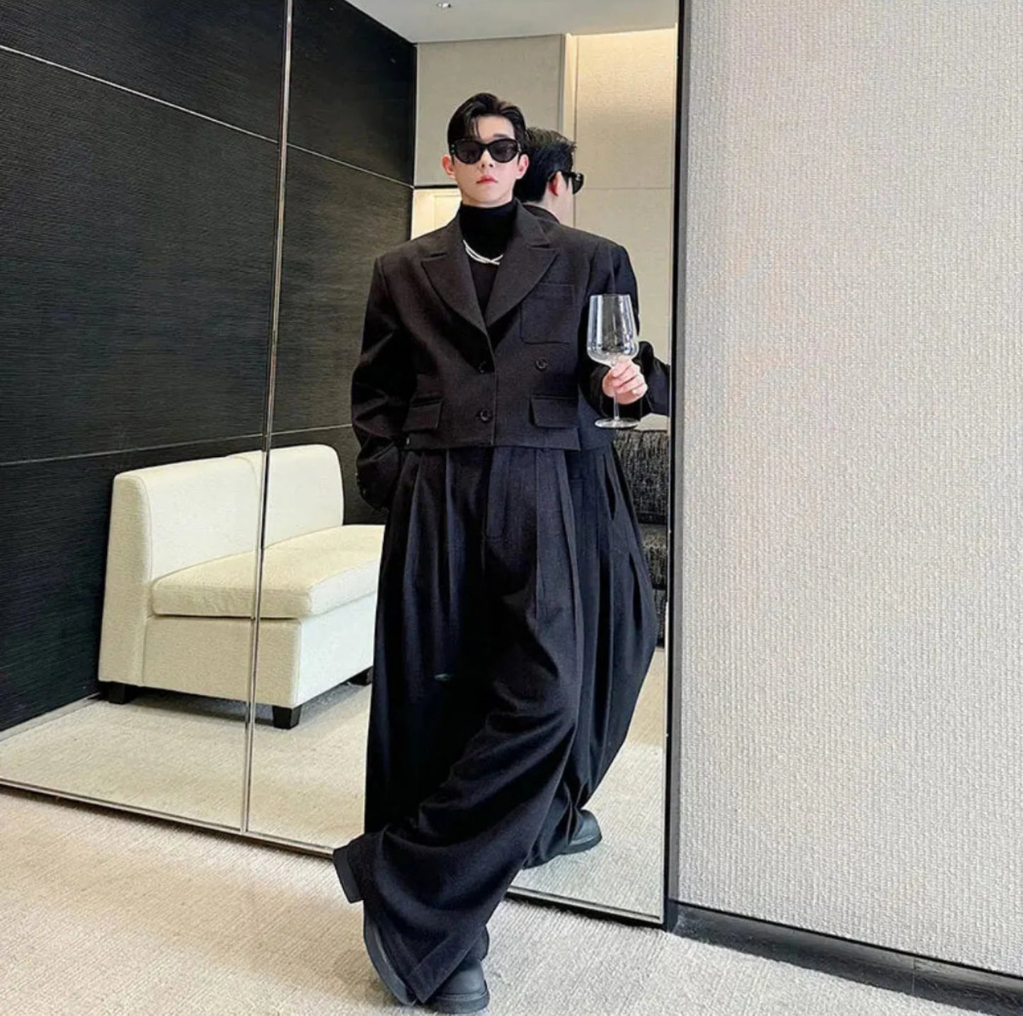 Men's Black Cropped Blazer with Trousers - 2 Piece