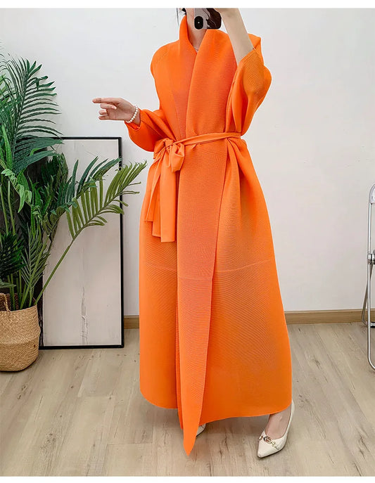 Couture Plissé Pleated Belted Robe Coat