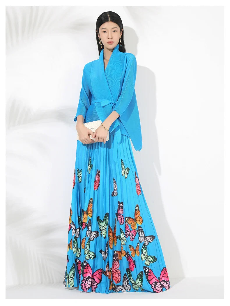 Women's Butterfly Pleated Modest Top & Flowy Skirt