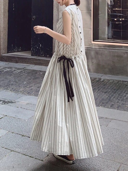 Cotton Sleeveless Striped Dress with Button Back