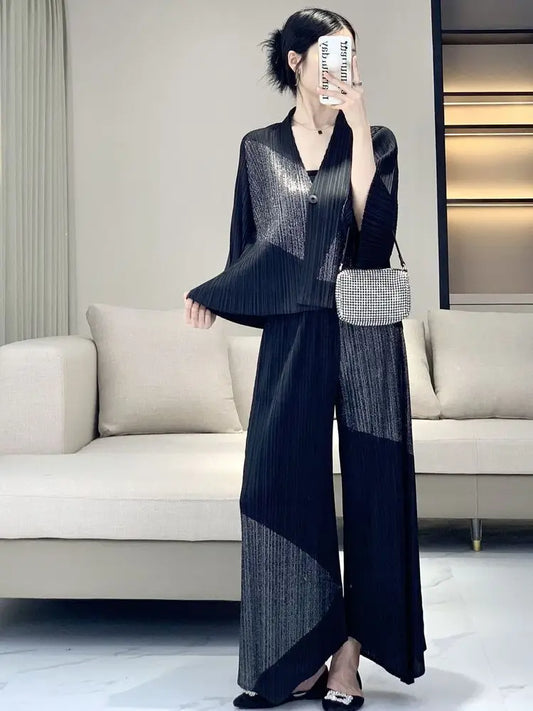 Luxury Pleated Cardigan Top with Wide-Leg Trousers