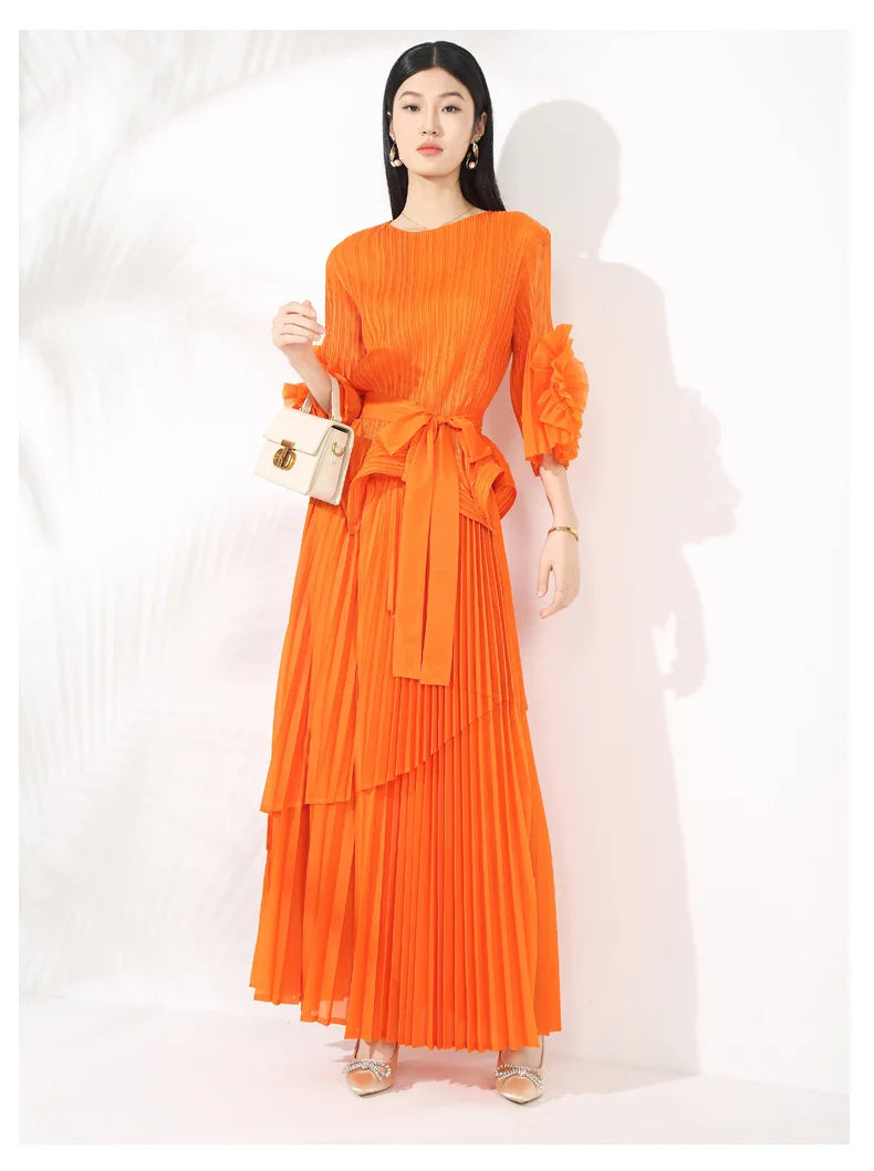 High-End Pleated Midi Skirt Set - Statement Sleeves