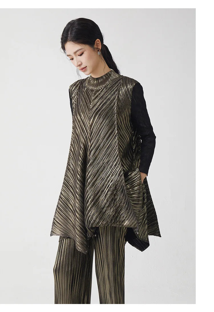 Metallic Pleated Tunic Top & Wide Leg Pants Set