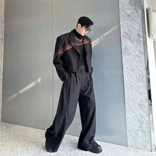 Men's Black Cropped Blazer with Trousers - 2 Piece