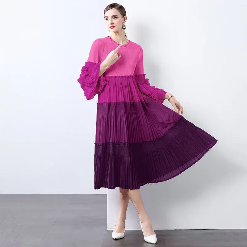 Ombre Pleated Dress - Ruffle Sleeve