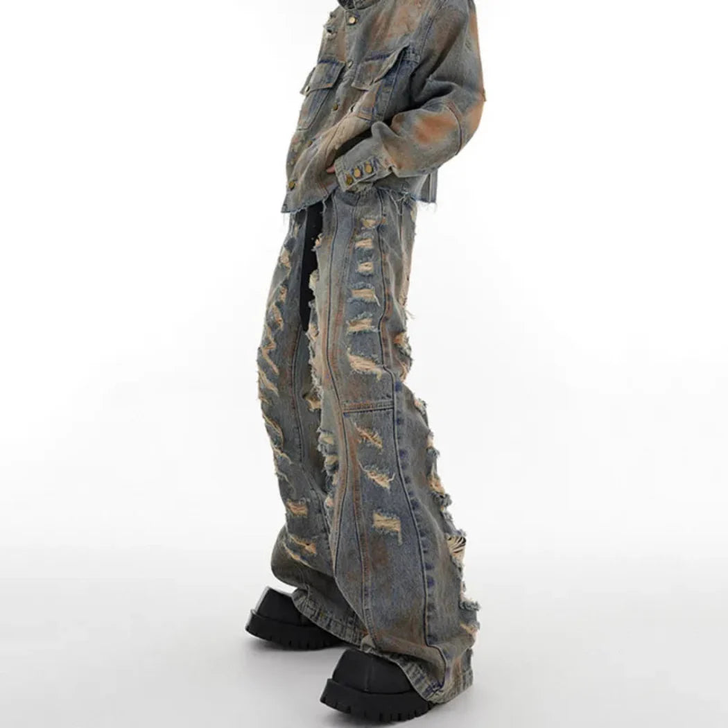 Men's Luxury Denim 2-Piece Set: Distressed Wide Leg